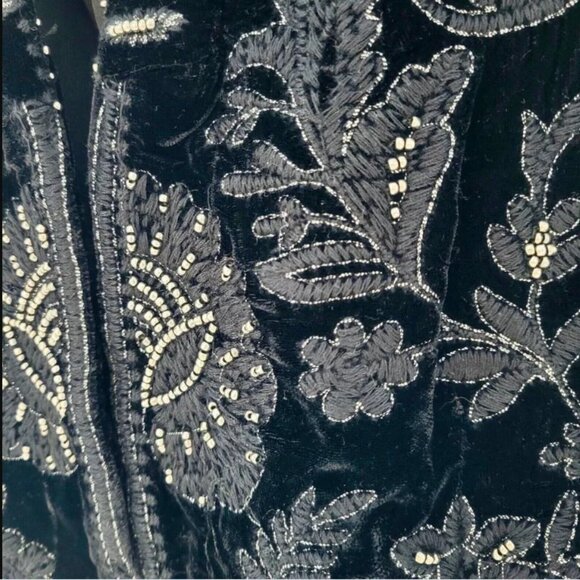 Fantasy Chiffon Ruffles Floral Embroidered Beading Black Velvet Jacket Sz M - Picture 8 of 10